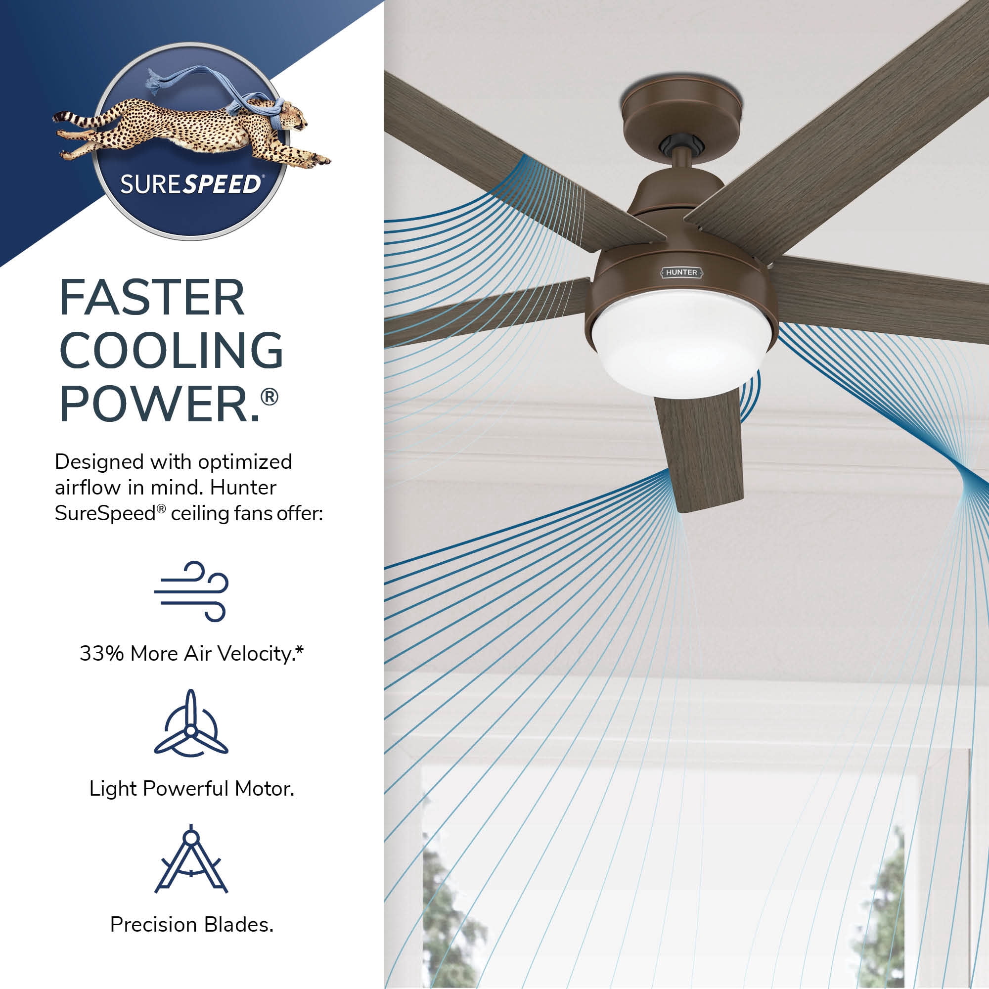 Hunter 60 inch Aerodyne Wi-Fi ENERGY STAR® Matte Bronze Ceiling Fan with LED Light Kit, Reversible Blades, and Handheld Remote