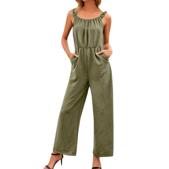 Women's Solid Strap Jumpsuit with Elastic Waist, Casual Playsuit, Pocket Equipped, Polyester Spandex, for Casual Occasions, Multiple Sizes