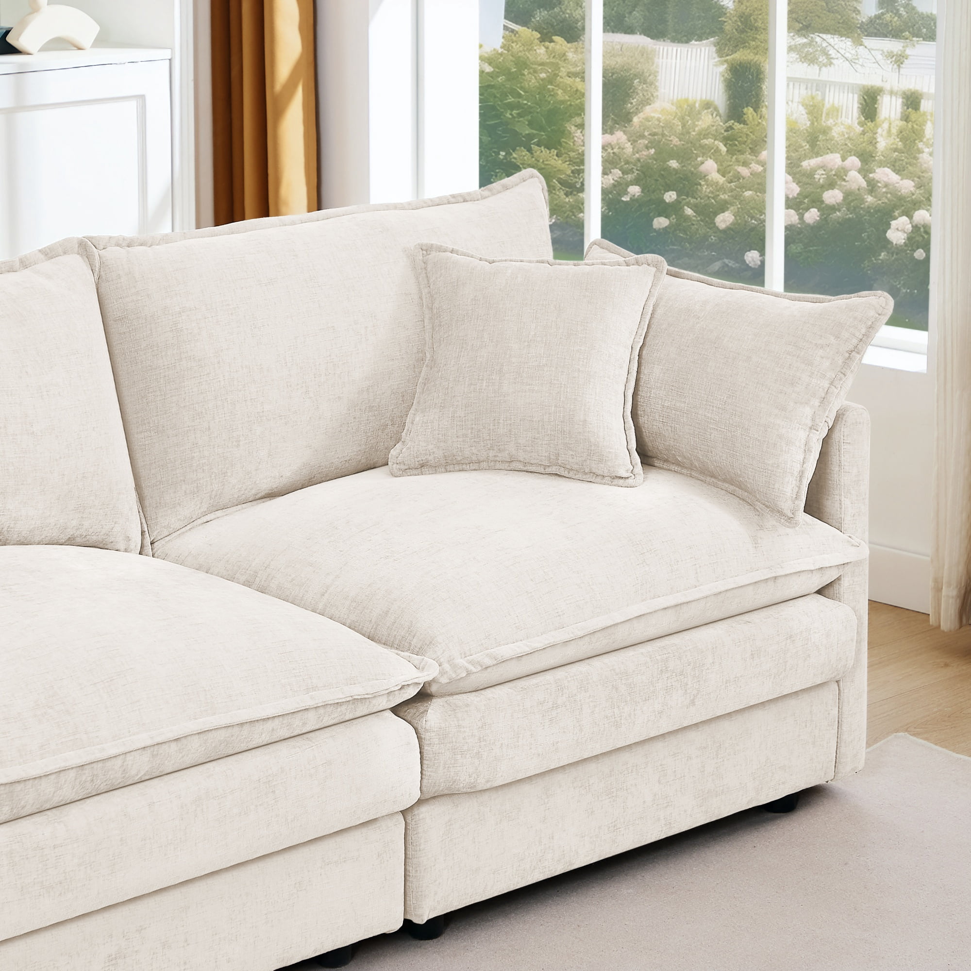 BINBANK Sectional Modular Sofa L Shaped Chenille Fabric Couch with High Supportive & Soft Sponges and Removable Ottoman, Sleeper Comfy Upholstered Furniture for Living Room,3-Seater,Beige