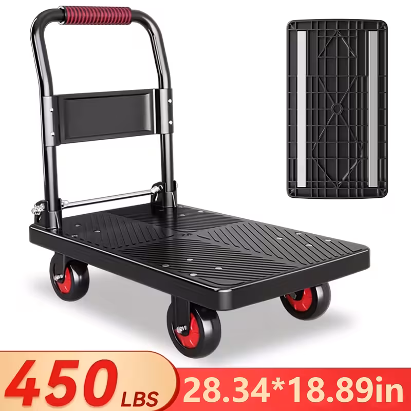 Black, variant on Heavy-Duty Folding Flatbed Hand Truck, Foldable Platform Cart with Swivel Wheels, Space-Saving Push Handle, Compact Storage, Ideal for Warehouses, Yards, Gardens, and Moving, Black