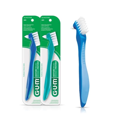 GUM Denture Brush, Dual Headed Hard Bristle for Dentures & Acrylic Retainers - (Pack of 2)