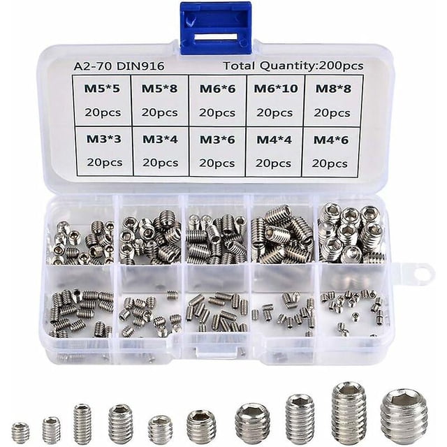 200 Uds tornillos Allen tornillos hexagonales sin cabeza de acero inoxidable juego de accesorios metálicos profesionales métricos M3 M4 M5 M6 M8