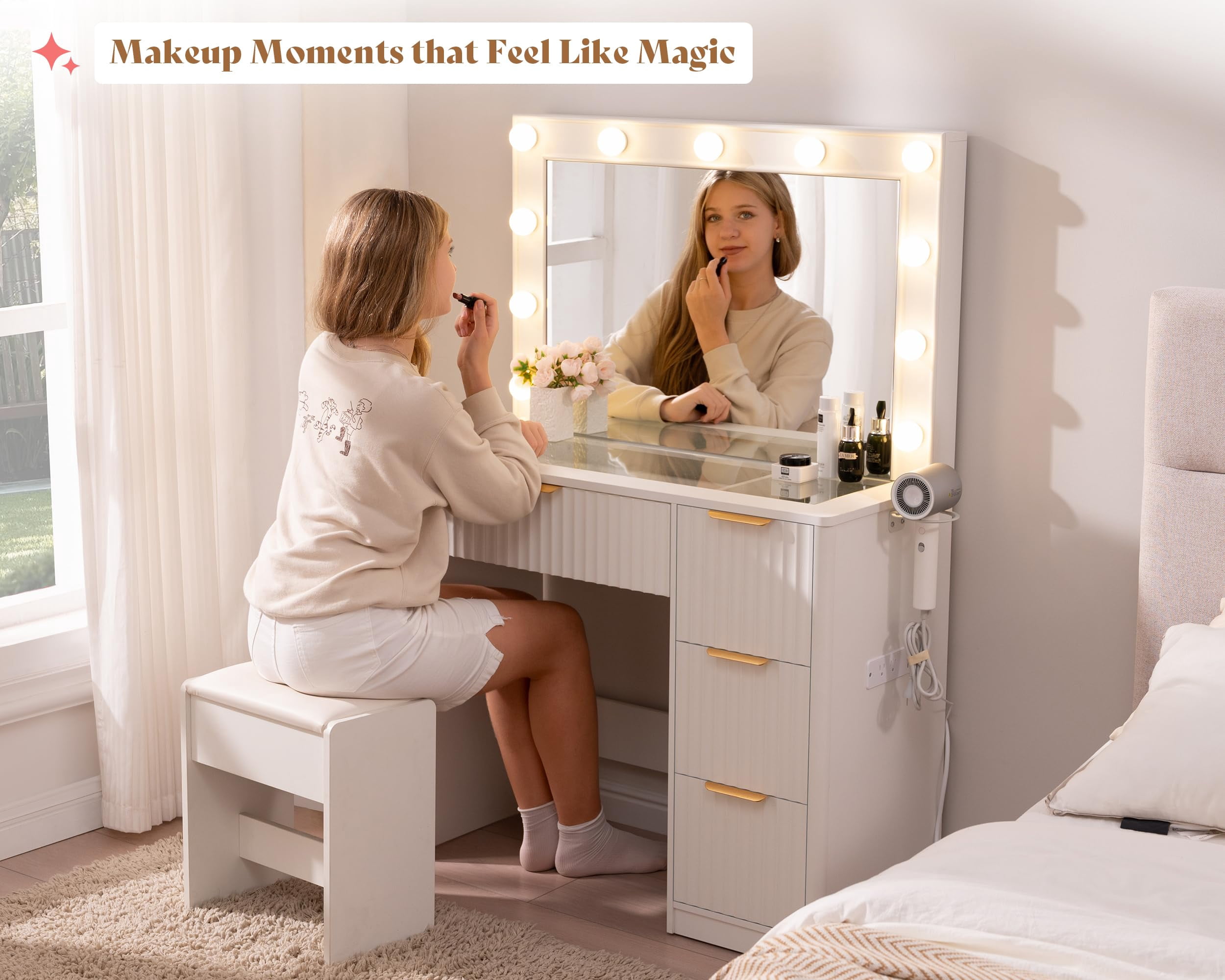 Merluxy 36.2" Girls Vanity Desk with Large Mirror and Adjustable LED Lights, 4 Drawers Makeup Table with Glass Top and Charging Station, White