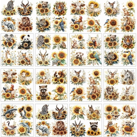 12 Sheets Sunflower Rub on Transfers Crafts Watercolor Animal with Sunflower Rub on Transfer Stickers Art Style PVC Rub On Decals