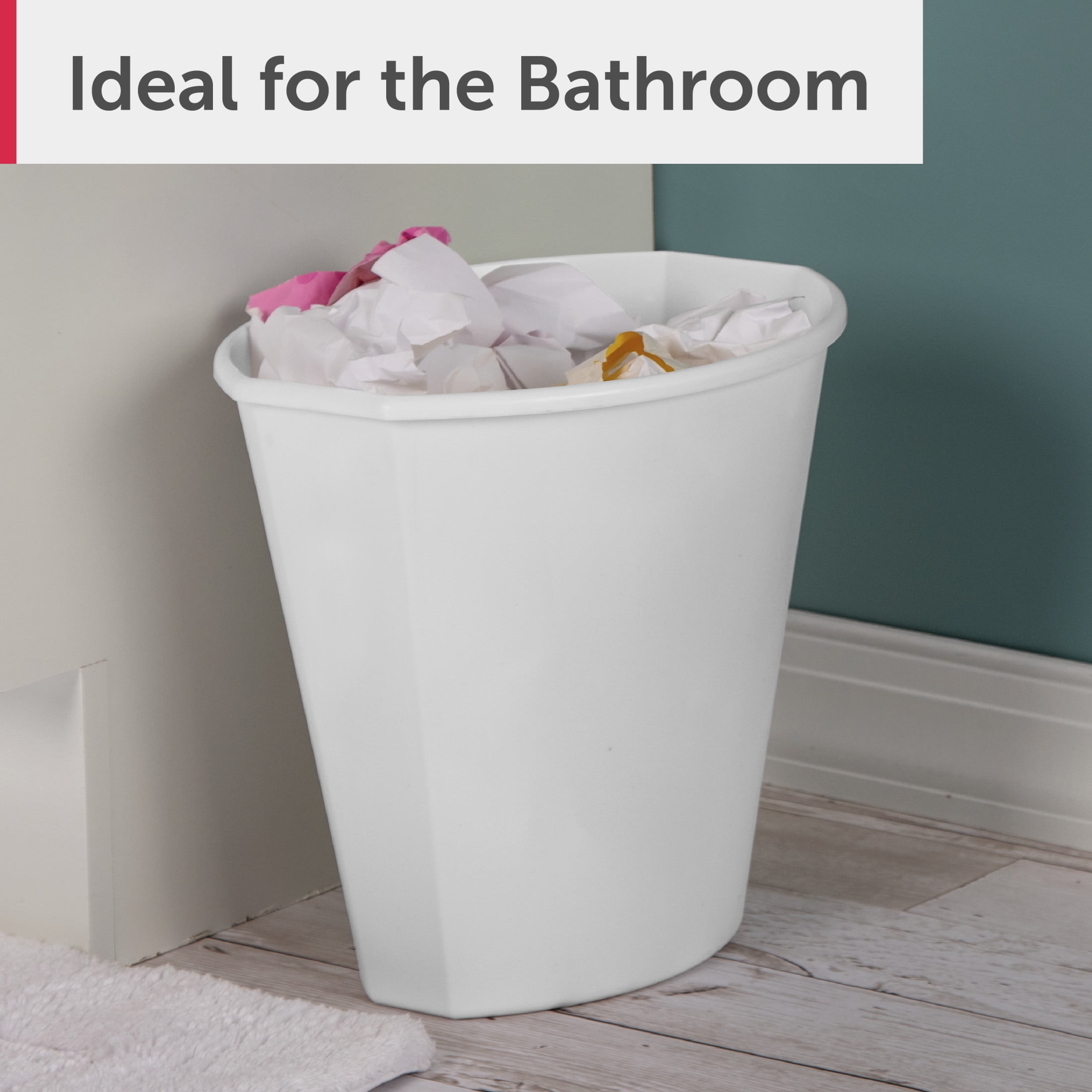 (4 pack) Sterilite Small Bathroom Trash Can, 2.5 Gallon Plastic Garbage Bucket Bin with No Lid, White