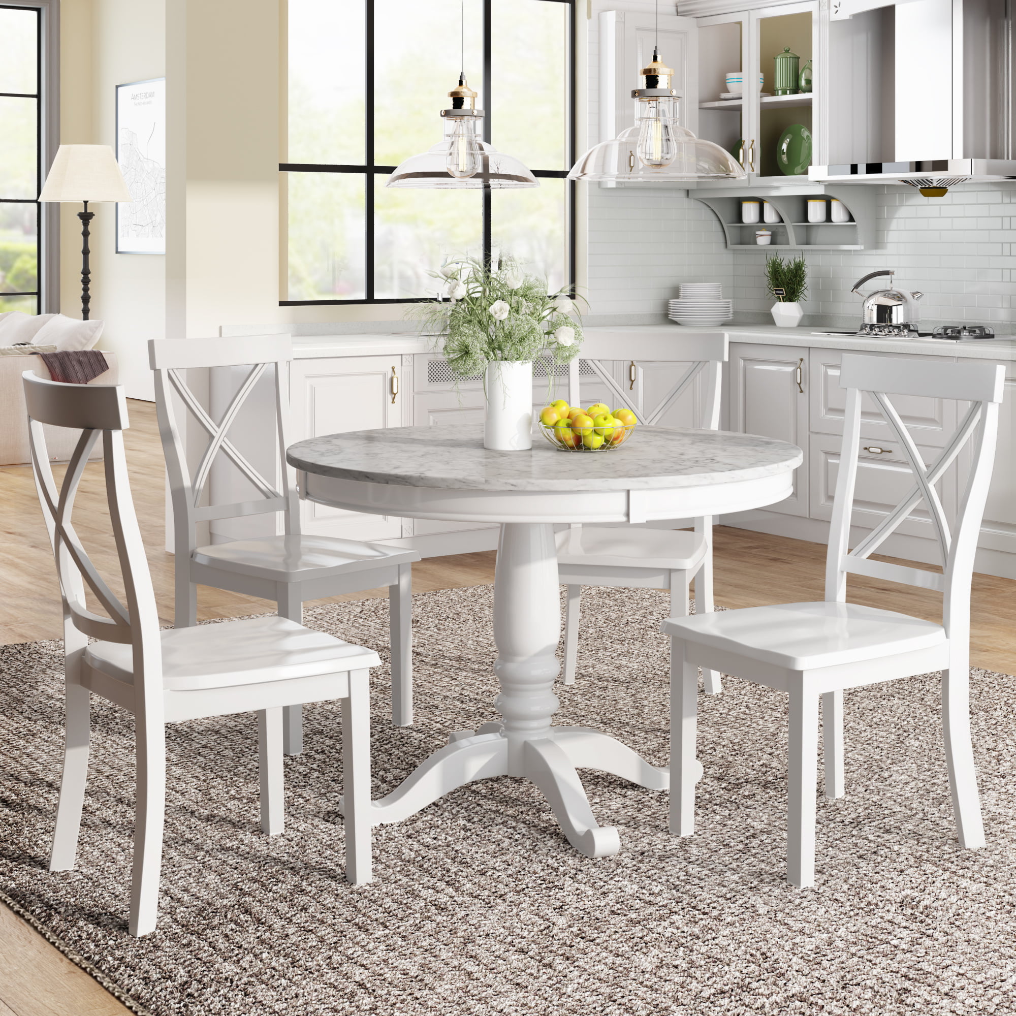 5 PCS Dining Table and 4 Chairs Set For Kitchen Dining Room Furniture White 