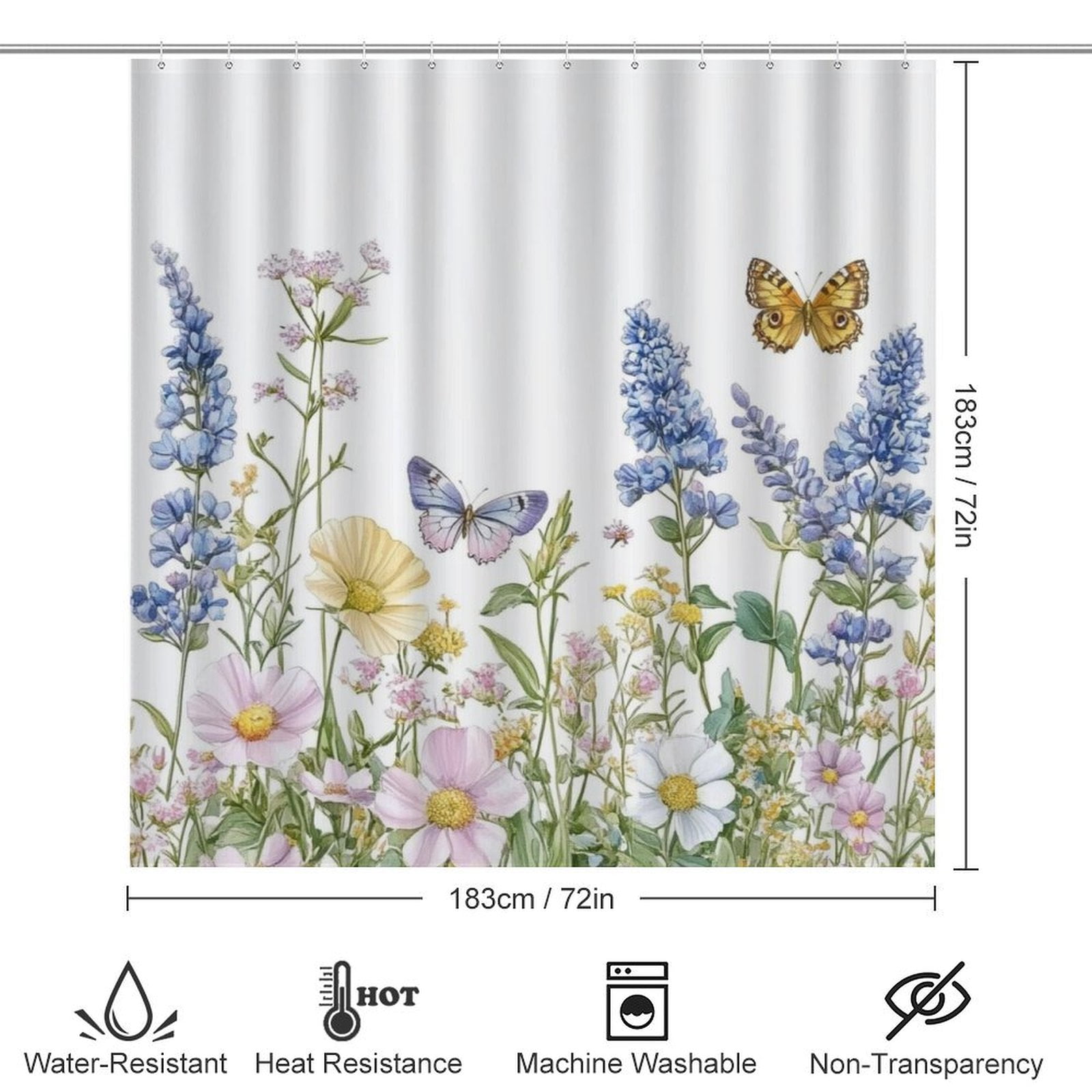 Shower Curtain 4 Piece Sets Sage Green Wild Flower Plant with Rugs Toilet Lid Cover And Bath Mat Seasonal Floral Butterfly Farmhouse Bathroom Decor Set for Bathroom Decor 72inch X 72inch