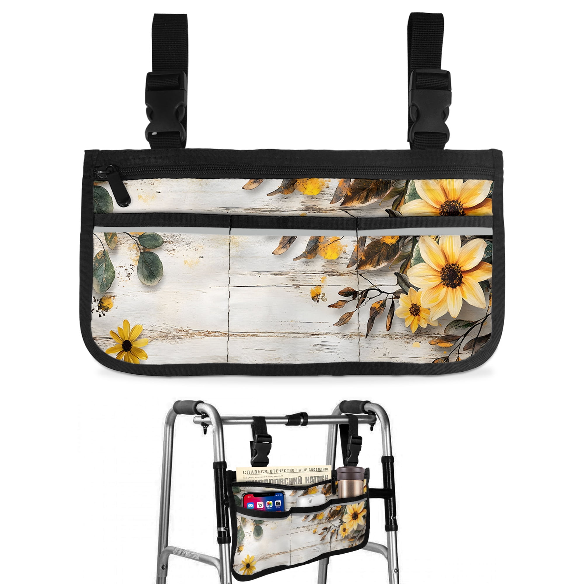 Yellow Floral Spring Wheelchair Side Bag Walk Bag Basket, Summer Rustic Botanical Vintage Wood Wheelchair Accessories Armrest Pouch, Organizer Storage Bags for Walkers, Rollators, Scooters, 7.3"x13"