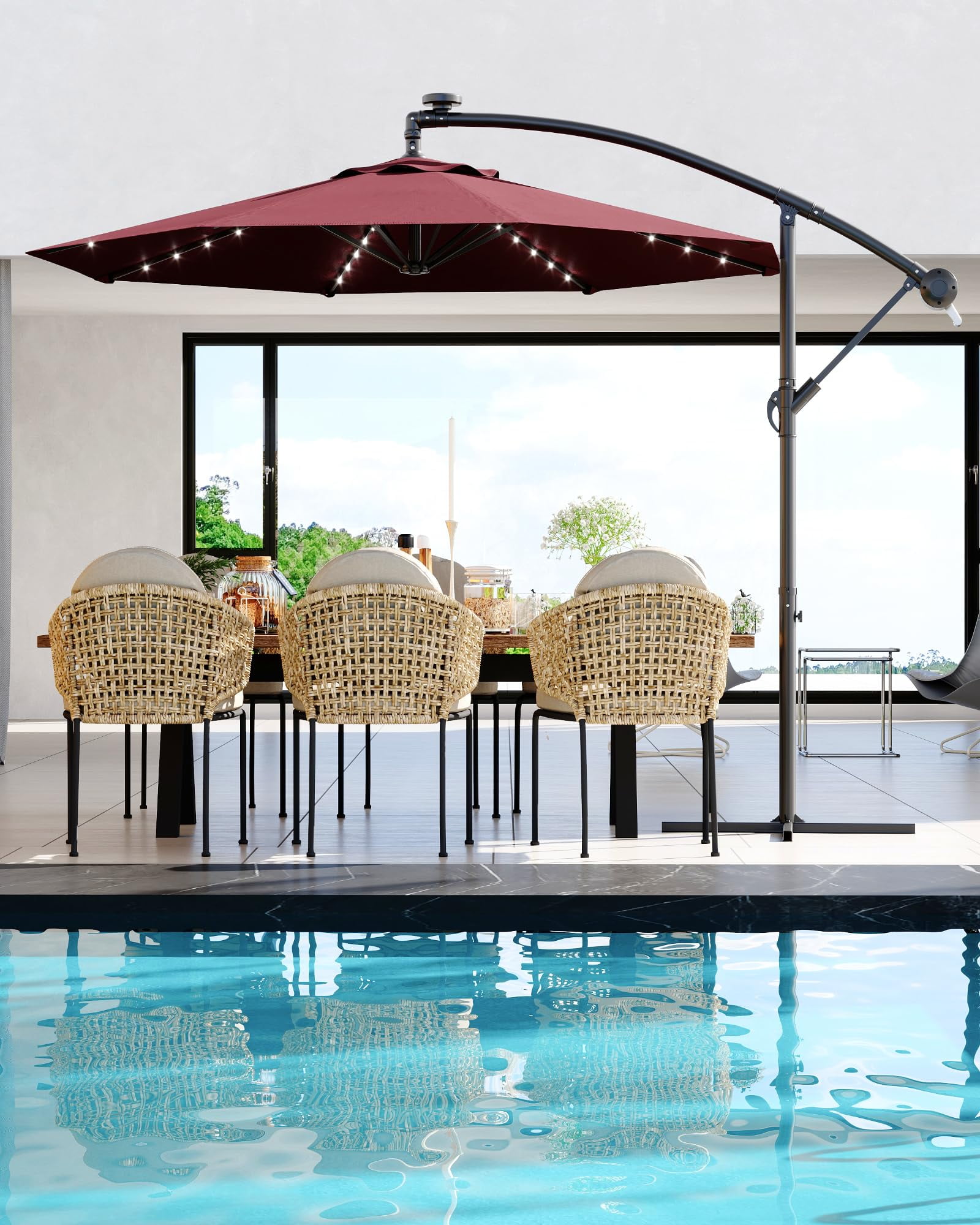 10ft Solar LED Offset Hanging Market Patio Umbrella for Backyard, Poolside, Lawn and Garden w/Easy Tilt Adjustment, UV Protection, Sturdy 8 Ribs - with 32 LED Lights