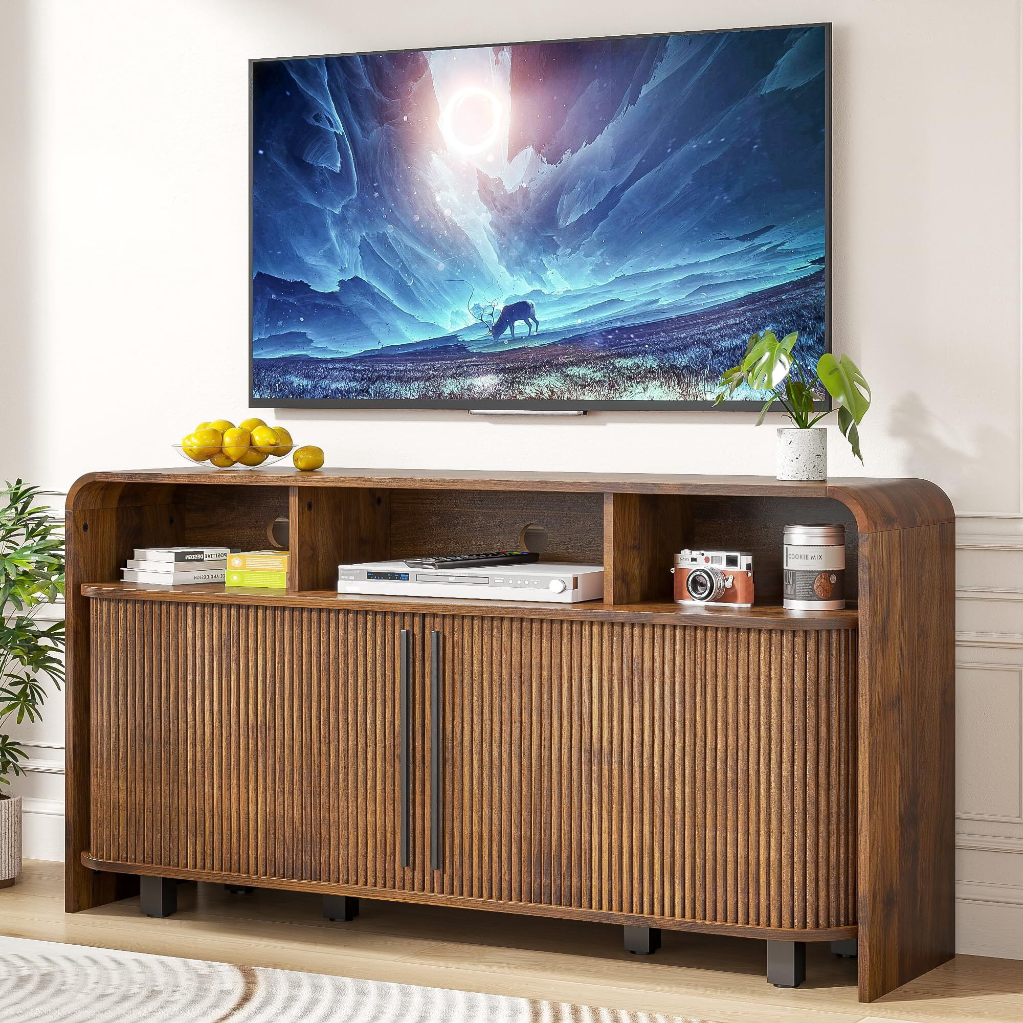 Fluted TV Stand for 55-65" TV, Small Mid Century Modern Media Console, Walnut Entertainment Center with Sliding Doors