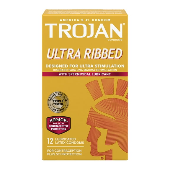 Trojan Ultra Ribbed Plus Spermicide Latex Lubricated Ribbed Condoms, 12 Count