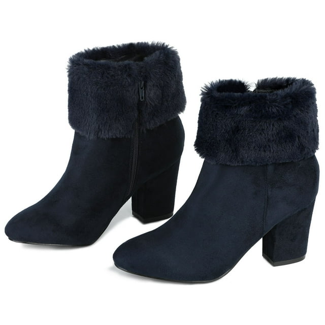 Unique Bargains Bottines à Talon Bloc en Fausse Fourrure à Bout Rond pour Femmes