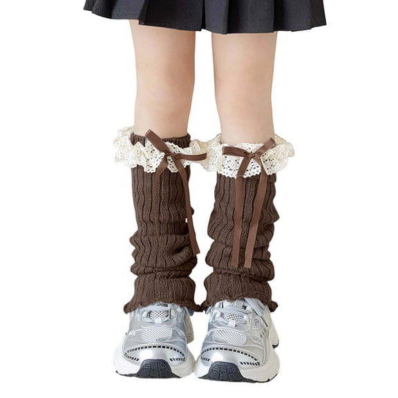 AWZXDE Girls Socks Autumn Winter Cute Fashion Bow Long Lace Trim Solid Color Knit Warm Knee High Socks - Soft and Stylish Coffee