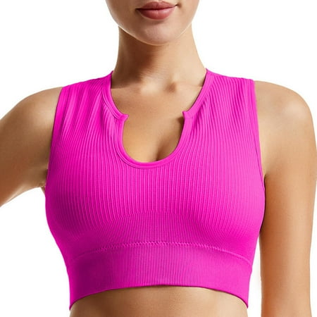 ATOYSOY Ribbed Crop Tank Tops Sports Bra Everyday Bra Slim Basic Yoga Activewear Clearance Bralette Underwear Teens Workout Breathable Push Up Comfort Bra Wireless Pink L