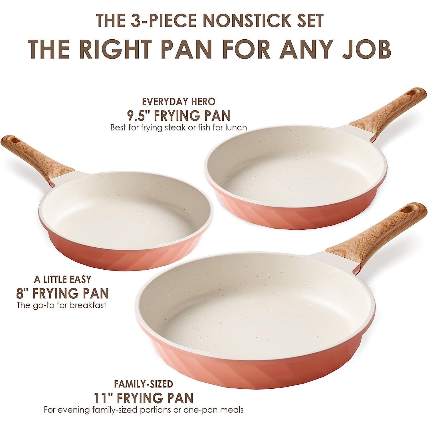 Caannasweis Nonstick Granite Frying Pan Set, 3 Pieces, Ergonomic Aluminum Cookware, Pink