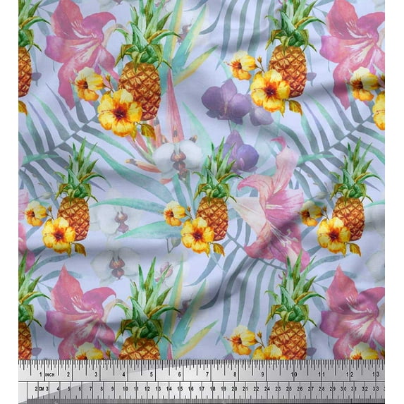 Soimoi Blue Cotton Jersey Fabric Lily & Pine Fruits Print Sewing Fabric Yard 58 Inch Wide