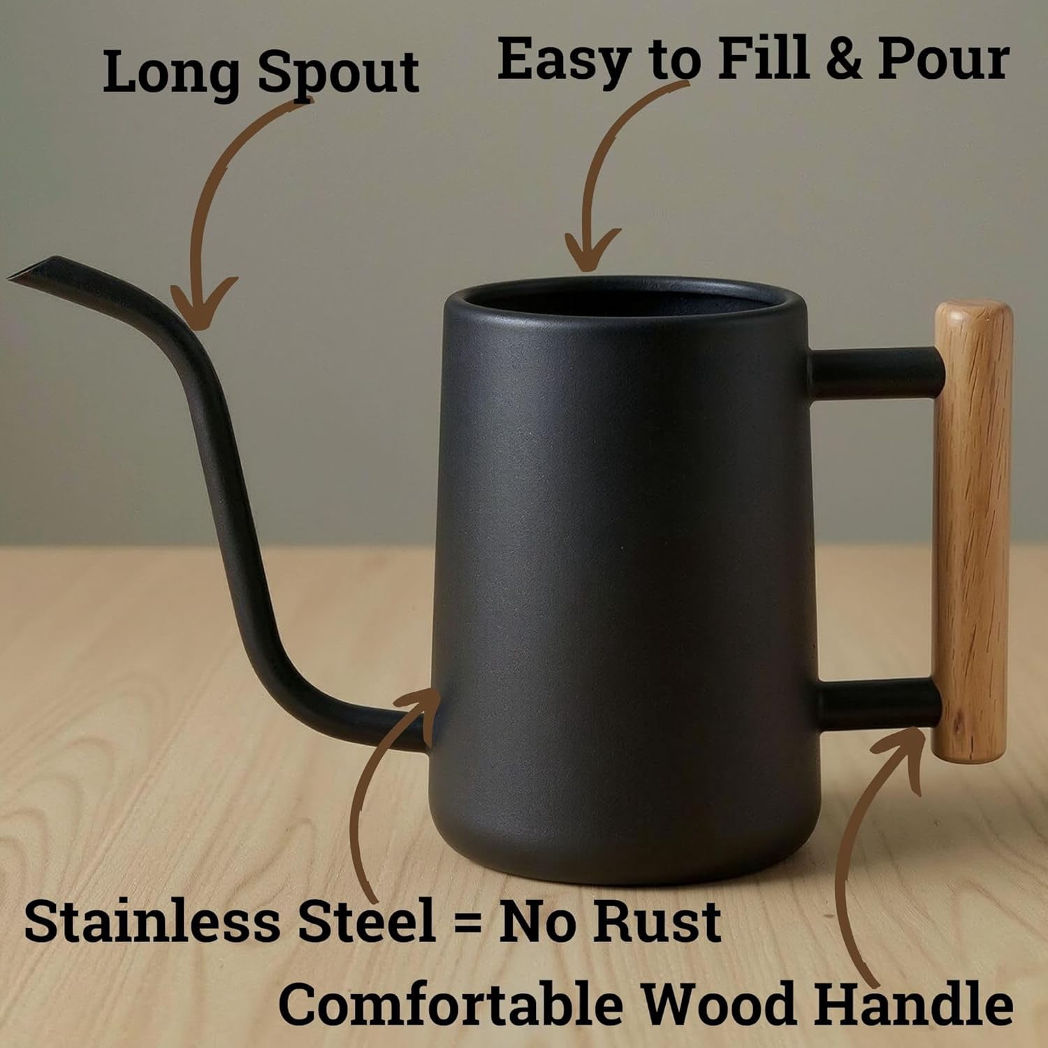 35 Ounce Metal Small Indoor Watering Can with Long Spout & Real Wood Handle for House Plants, Succulents, Cacti Seedlings - Black Plants Gentle Flow No Spills