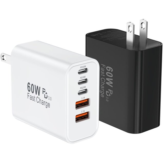 Cargador Ubearkk de 60 W, 5 puertos USB C Fast, paquete de 2, 110 V