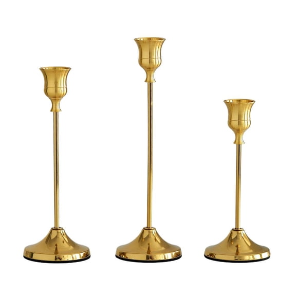 Set of 3 Metal Taper Candle Holders, Gold Finish, Varying Heights (6.3/7.5/8.7 Inch)
