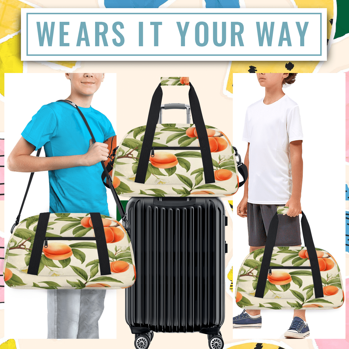 Herdesigns Peach Sports Duffle Bag for Women & Men, Fruit Peach Gym Bag Dance Bag Overnight Bag Carry On Weekender Travel Bag