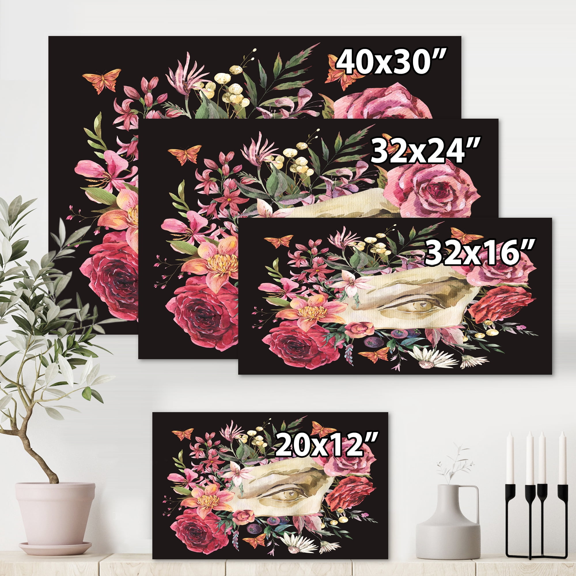 Designart ' Dried Wildflowers With Greek Sculpture David Eye ' Farmhouse Canvas Wall Art Print