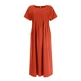 thumbnail image 4 of Womens Crew Neck Long Sleeve Spring Fall Dresses,Women's Fashion Solid Color Round Neck Pocket Pleated Short Sleeve Cotton And Linen Dress Red, 4 of 4