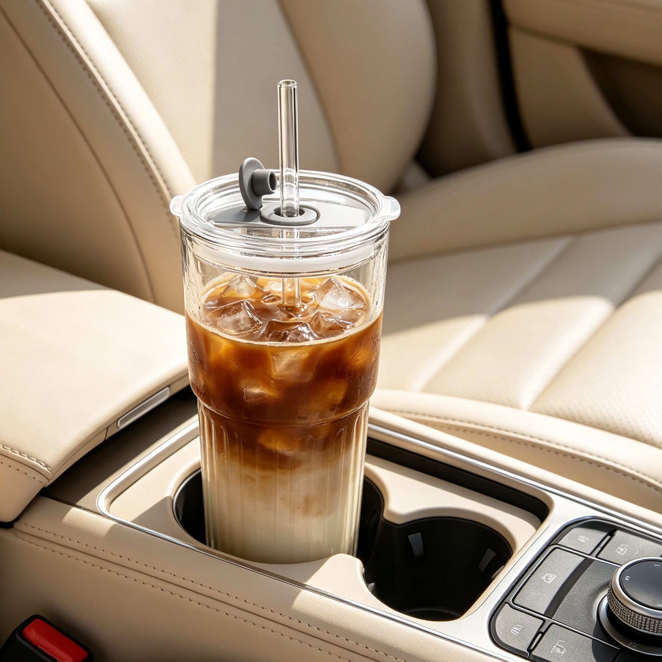 GARITIN Glass Tumbler with Lid and Straw, 20 Oz Ribbed Glass Cups 2 Pack, Leak‑Proof Iced Coffee Glass Cup with Cleaning Brush for Car Cup Holder