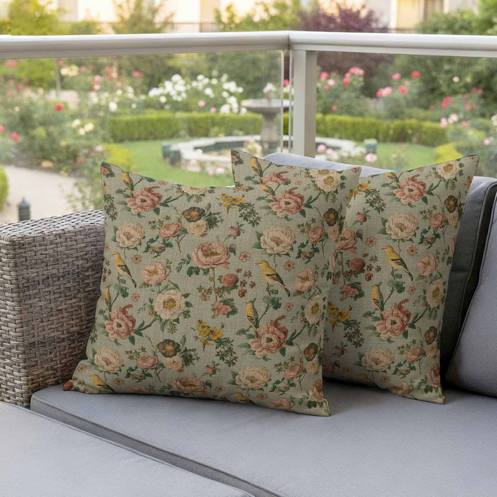 Vintage Spring Floral Outdoor Waterproof Pillow Covers, Farmhouse Flowers Green Vintage Decorative Square Throw Pillowcase Sofa Cushion Sham for Patio/Couch/Chair, 16"x16" 2 Pack