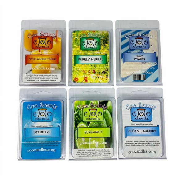 6 Pack Soy Candle Wax Bar Melts - Clean and Fresh Pack. Clean Laundry, Apple Mango Tango, Sea Breeze, Bergamot, Purely Herbal and Baby Powder