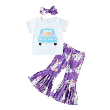

Baby Girl Clothes Baby Girl s Floral Spring Easter Bunny Print Short Sleeve Bodysuit Bell Bottom Headbands Fashion Trendy Kid Child Babies Clothing Little Girls