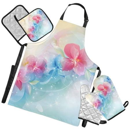 Ryvnso Romantic Flower Pattern Kitchen Apron Oven Mitts Set Pot Holders