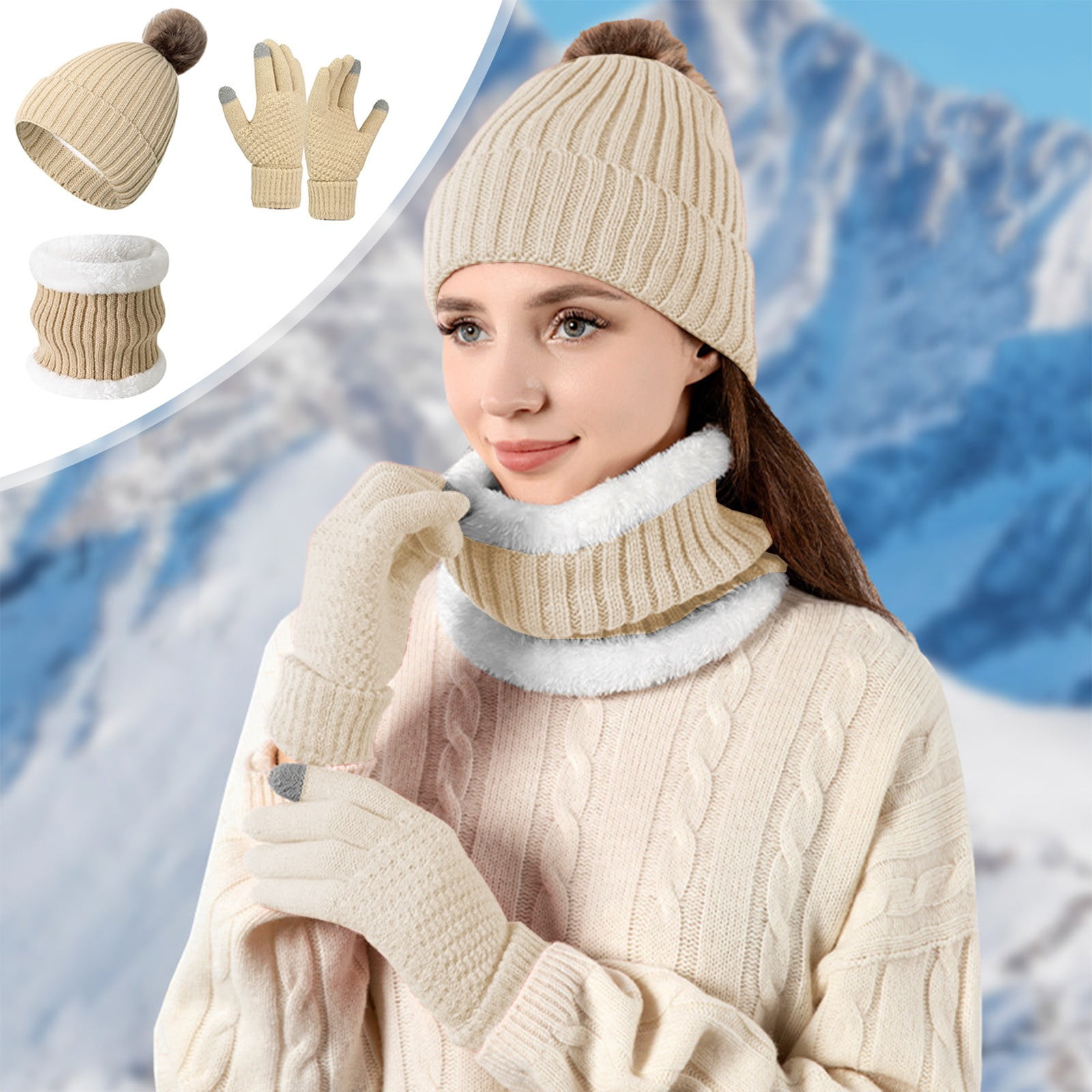 WNFJR Winter Hat Scarf Glove Set for Women - Thermal Beanie with Pom Pom, Thickened Knit Scarf, Touchscreen Non-Slip Gloves