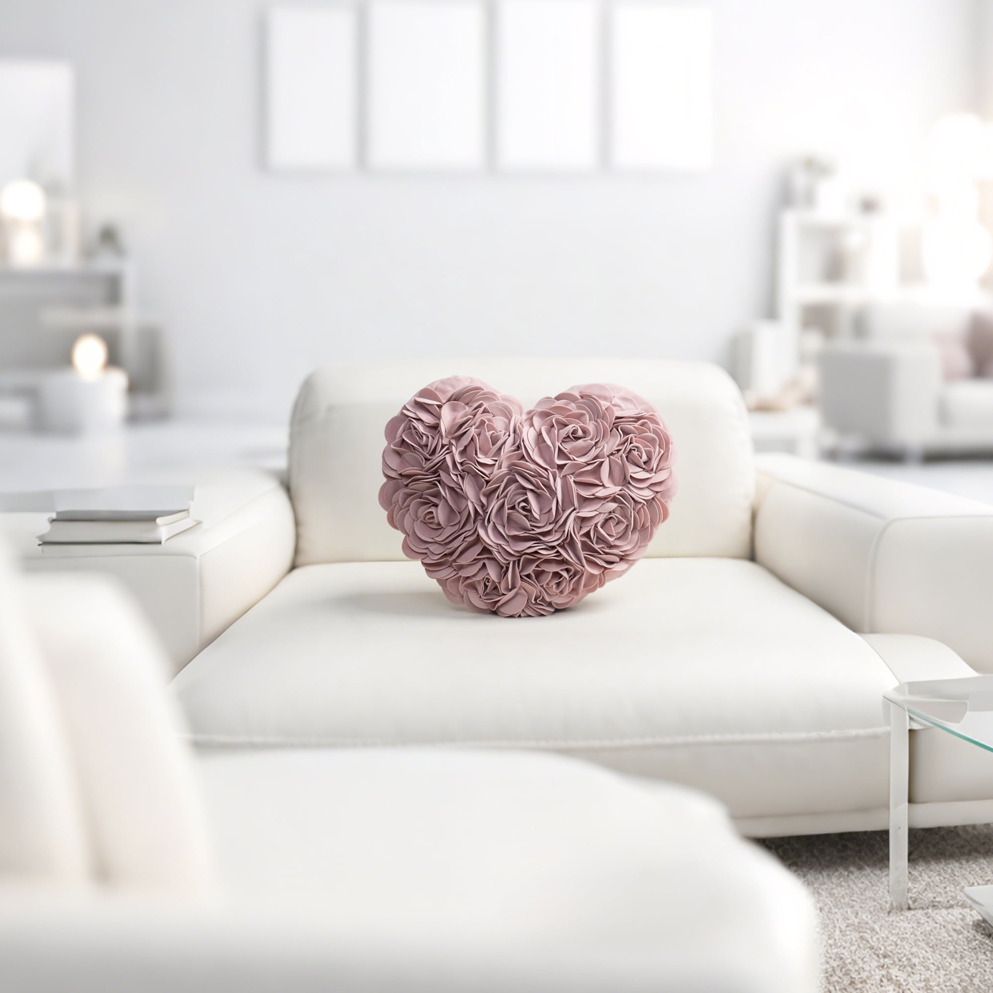 JWH 3D Handmade Flower Design Heart Shaped Rose Pillows for Valentine Elegant Decor and Gift 13 x 16 inch in Rose Gold