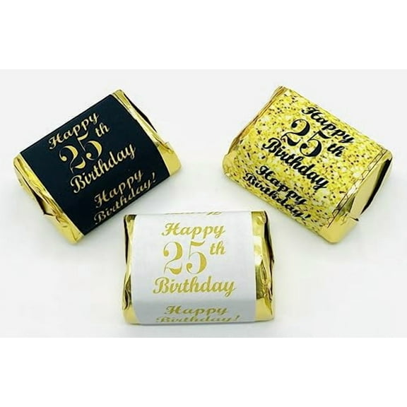 25th Birthday Nuggets Labels, Chocolate Candy Wrapper, (Set of 90) Candy Stickers; 3 Designs: 30 Gold, 30 Black, 30 White, Candy Not Included