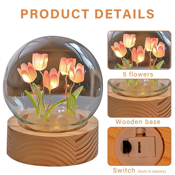 Adornos de luz nocturna de tulipán Mini lámpara de flores Producto terminado (Tulipán rosa 5 piezas)