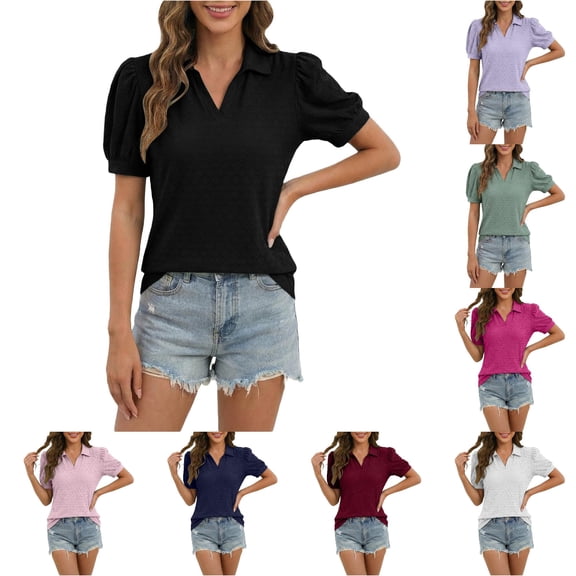 HCYSFG Womens Solid Color Polo Shirts V Neck Short Puff Sleeve Relaxed Fit Casual Golf Shirt Everyday Wear Summer Tops