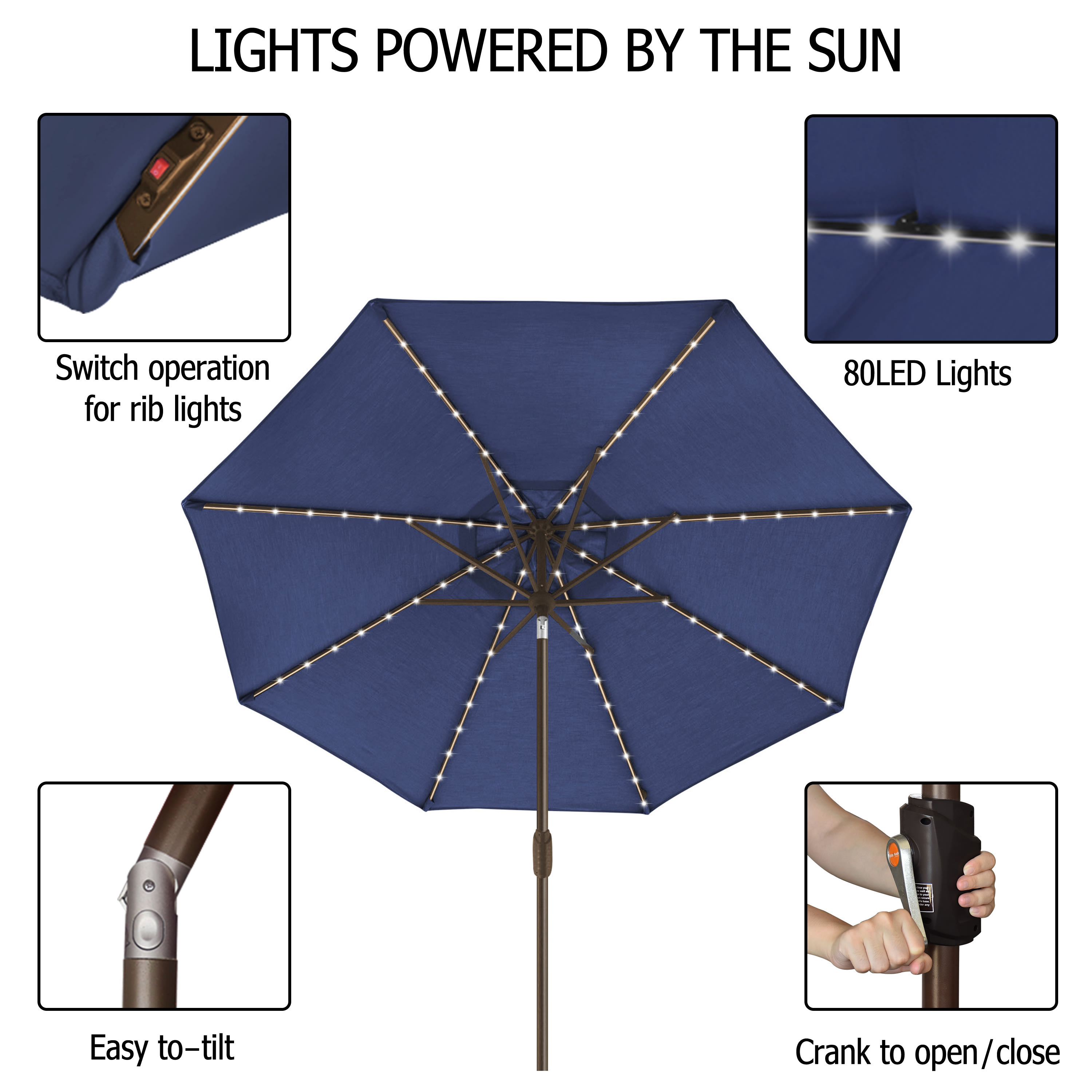 EliteShade Sunbrella Solar Umbrellas 9ft Market Umbrella with 80 LED Lights Patio Umbrellas Outdoor Table Umbrella with Ventilation and 5 Years Non-Fading Top, Dark Blue