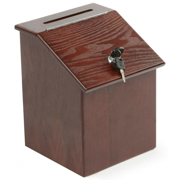 Wood Suggestion Box with Hinged Door and Side Pocket, MDF & Mahogany