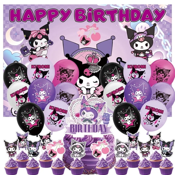 30 PCS For Kuromi Cartoon-Themed Party Decorations and Favors Set – Backdrop, 16 Balloons, and 13 Cupcake Toppers for Celebration Birthday Parties Supplies