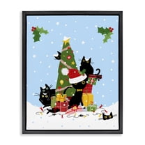 Stupell Industries Silly Cats in Christmas Tree Holiday Painting Black Floater Framed Canvas Art Prints Wall Art, 25 x 31