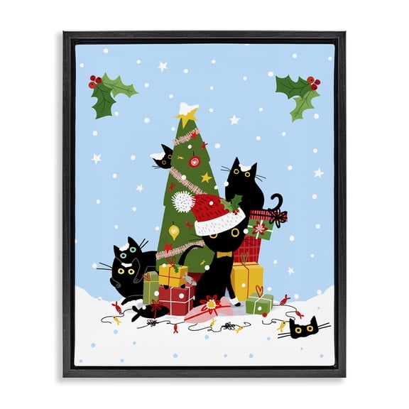 Stupell Industries Silly Cats in Christmas Tree Holiday Painting Black Floater Framed Canvas Art Prints Wall Art, 25 x 31