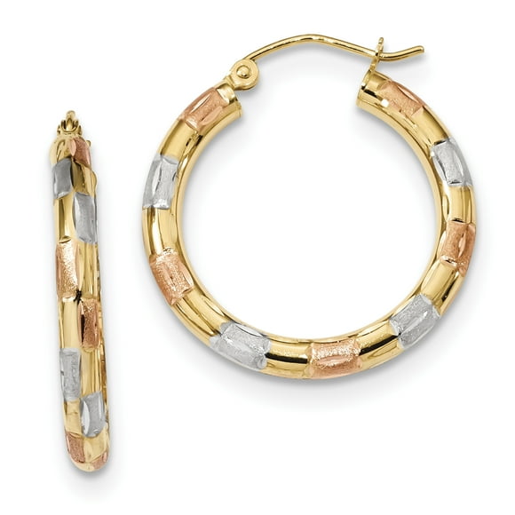 14k Yellow Gold w/ White & Rose Rhodium Polished, Satin & D/C Hoop Earrings TF1019
