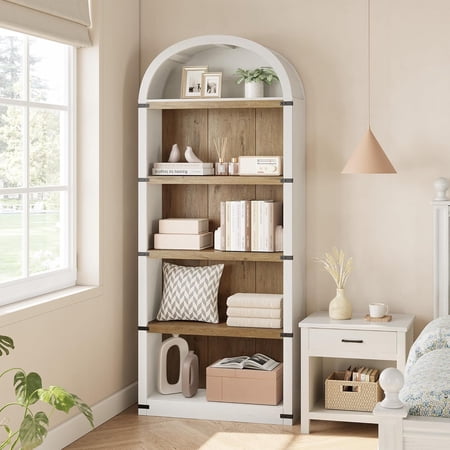 5-Shelf Arched Bookcase - Farmhouse Wooden Bookshelf with Metal Corner Protection for Display Storage White + Natural Without door
