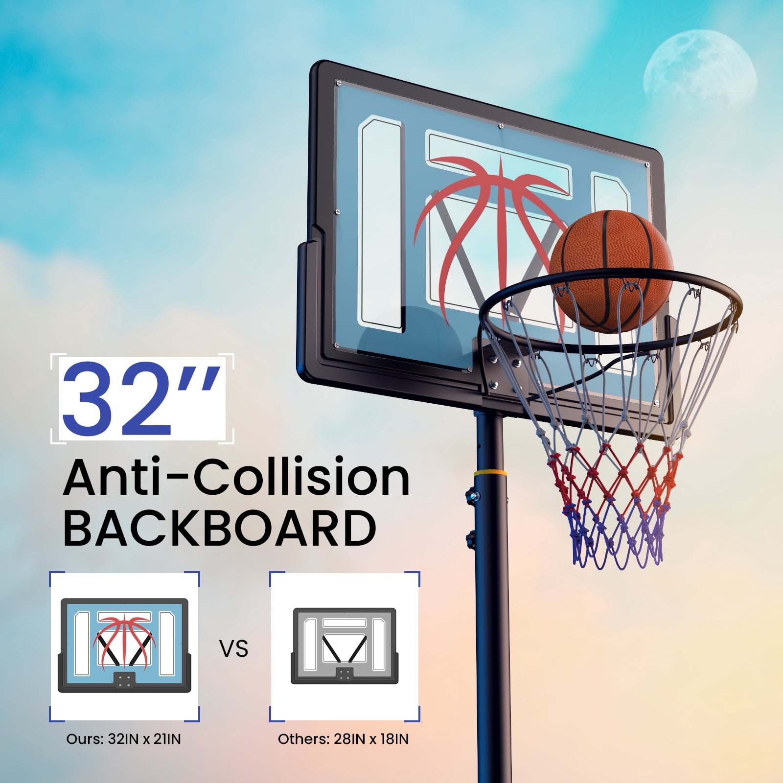 Basketball Hoop Outdoor 4.82-8.53ft Adjustable, Portable Basketball Hoop & Goals with 2 Wheels, 32 Inch PC Backboard/Fillable Base/Size 5 Basketball for Kids, Youth, and Adults in Backyard/Driveway