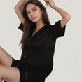 thumbnail image 6 of Women's Satin Pajama Set with Lace Trim Short Sleeve Button Top and Elastic Waist Shorts - Large, Black, 6 of 7