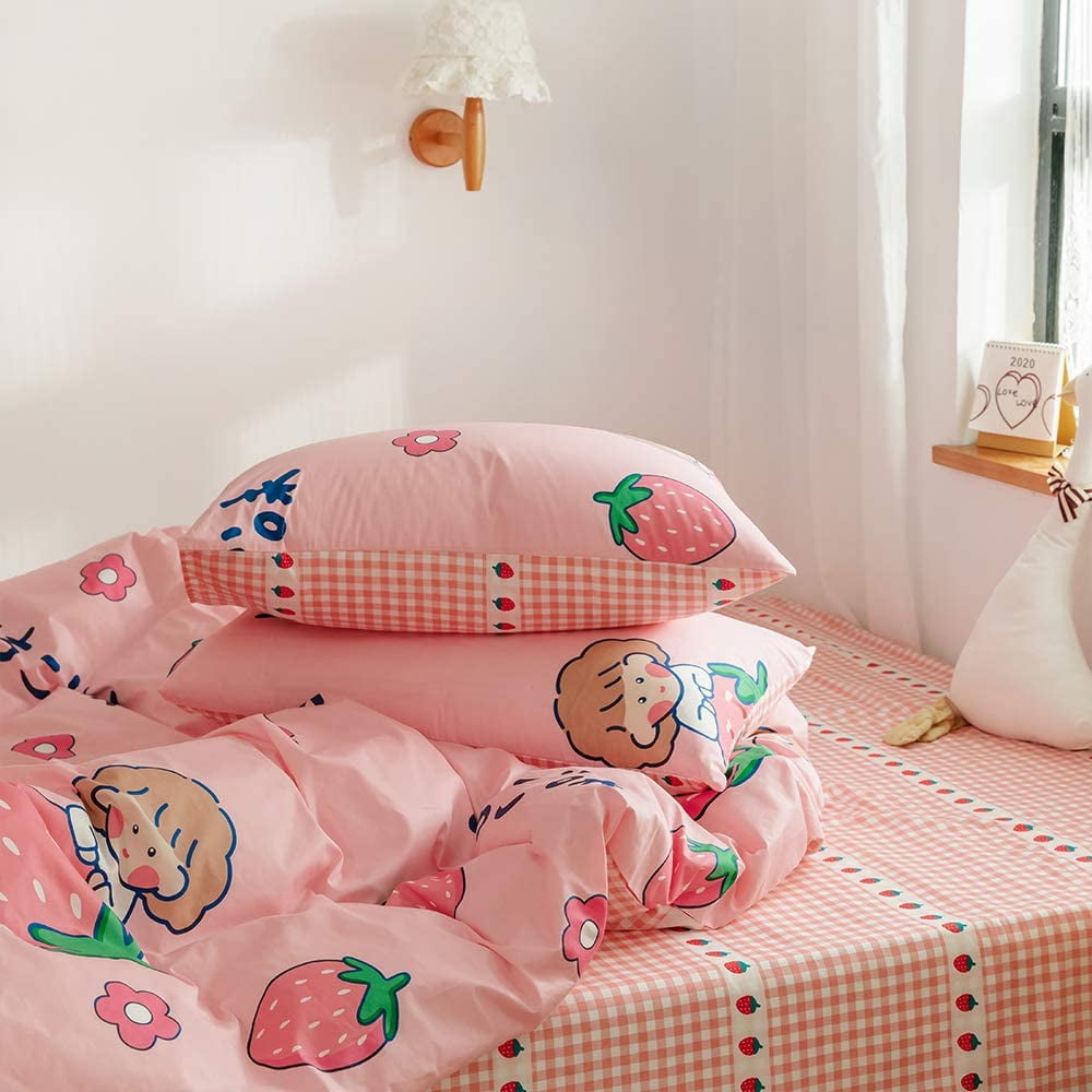 Pisoshare Cute Strawberry Flower Korean Bedding Set Twin Full