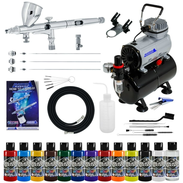 MASTER Dual Action Airbrush & Compressor Kit 12 Wicked Paint Colors Hobby Art