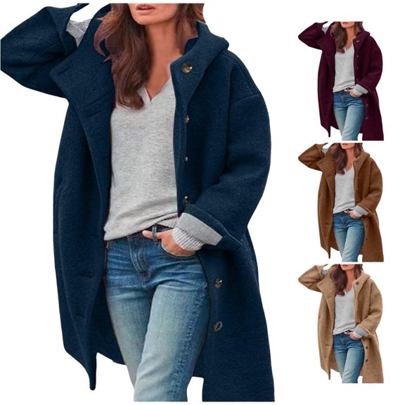 Unir Button Up Warm Wool Blend Overcoat for Women, Hooded Long Sleeve, Everyday Casual Winter Outerwear, 1 Piece, S-3XL, Plus Size Friendly