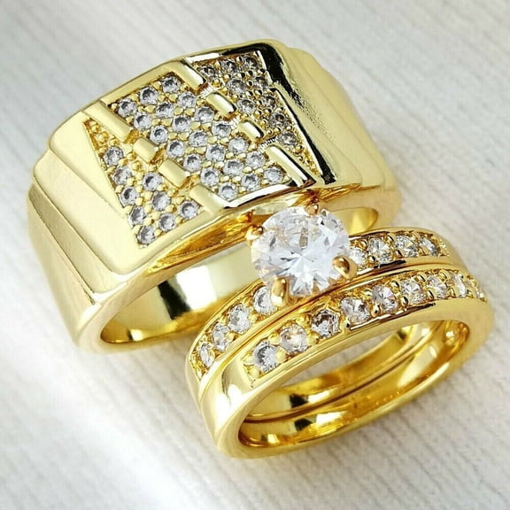 TAAPSEE JEWELS 14k Yellow Gold Finish His & Her Trio Set Ring for Wedding Round Cut Cubic Zirconia Silver
