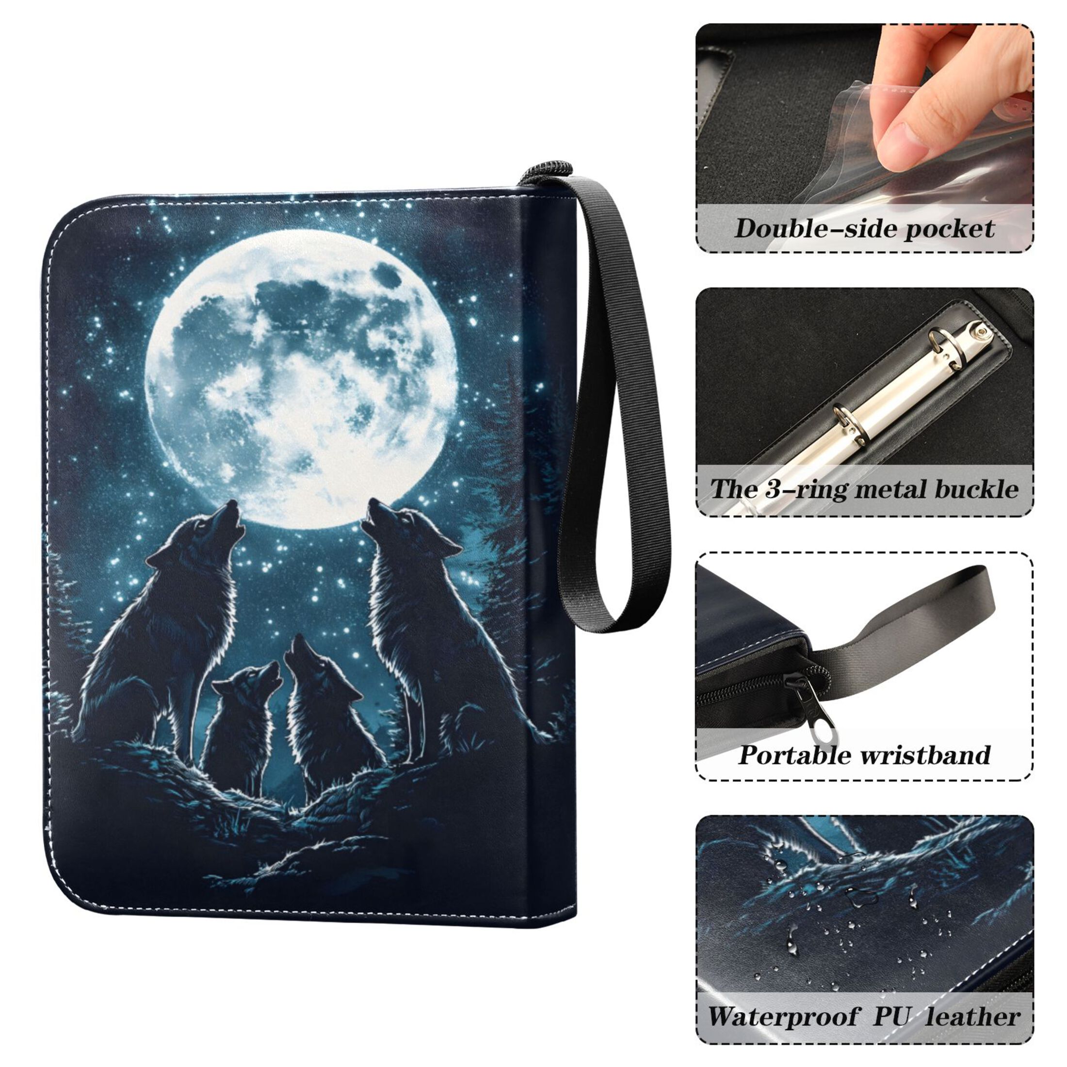 Trading Card Binder Album 400 Pockets 50 Removable 4-Pocket Pages Waterproof Howling Wolves and Moon